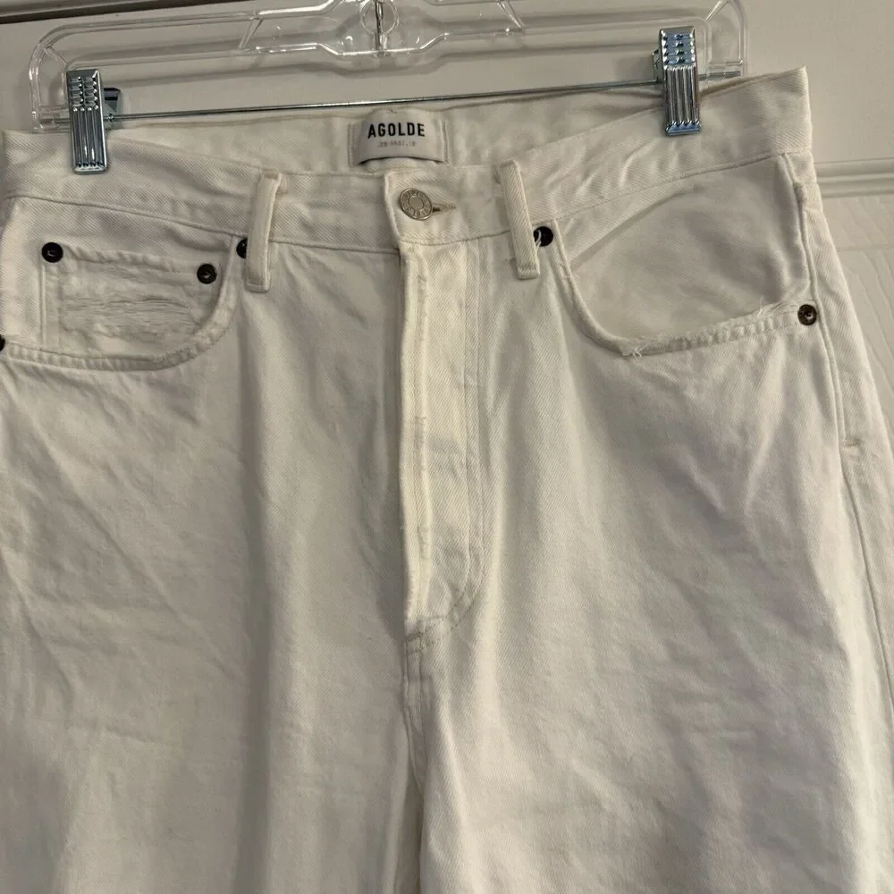 Agolde Jeans Sz‎ 27 90's Mid Rise Loose Fit Vanish White Distressed Thrashed - Picture 5 of 16